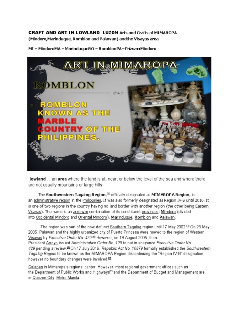 CRAFT AND ART IN LOWLAND LUZON Arts and Crafts of MIMAROPA PDF Art