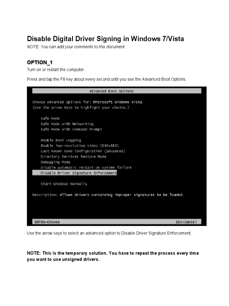 Disable Digital Driver Signing in Windows 7/vista: Option - 1 | PDF