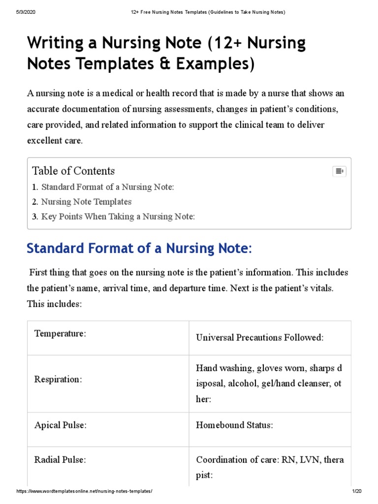 Nursing Notes Templates (Guidelines To Take Nursing Notes)  PDF For Nurse Notes Template