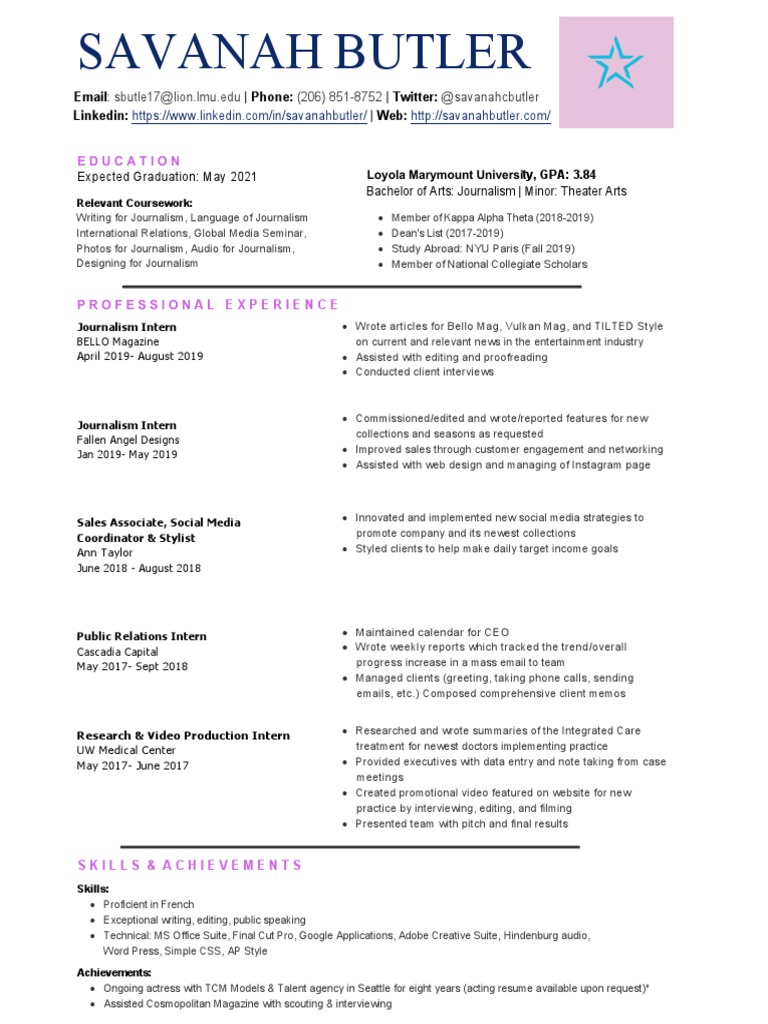 Savanah Butler's Journalism Resume | PDF | Journalism | World Wide Web