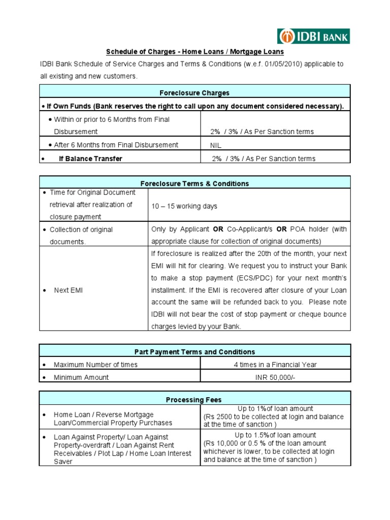 idbi home loan balance transfer charges