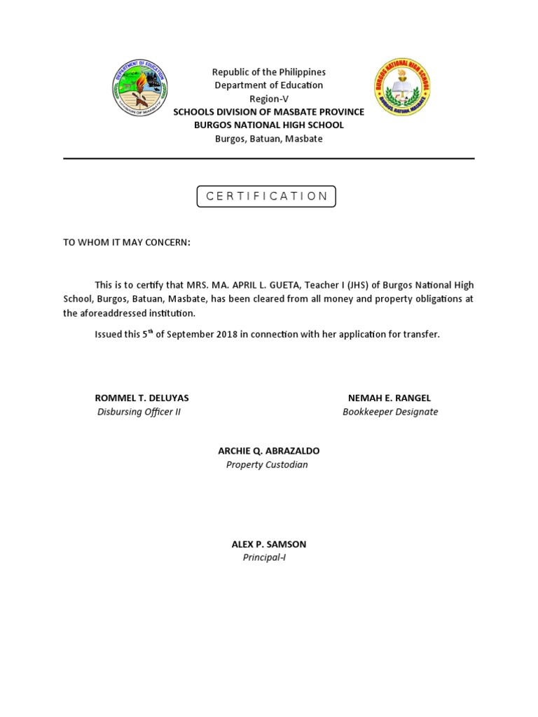 Teacher Clearance Certification Sample | PDF | Philippines