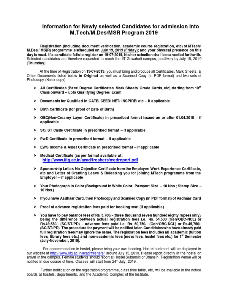 Information For Newly Selected Candidates For Admission Into M.Tech/M ...