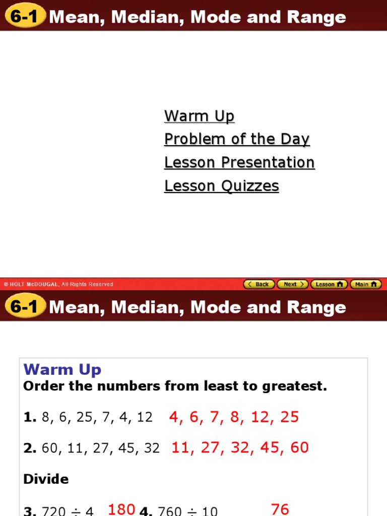 6.1 Mean Median Mode and Range | PDF | Mean | Mode (Statistics)