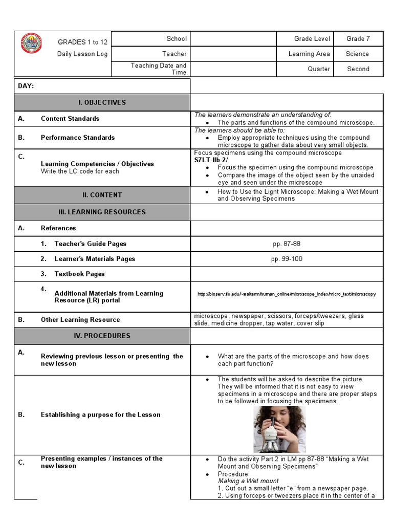Grade 7 Science Microscope Lesson Plan | PDF | Learning | Behavior ...