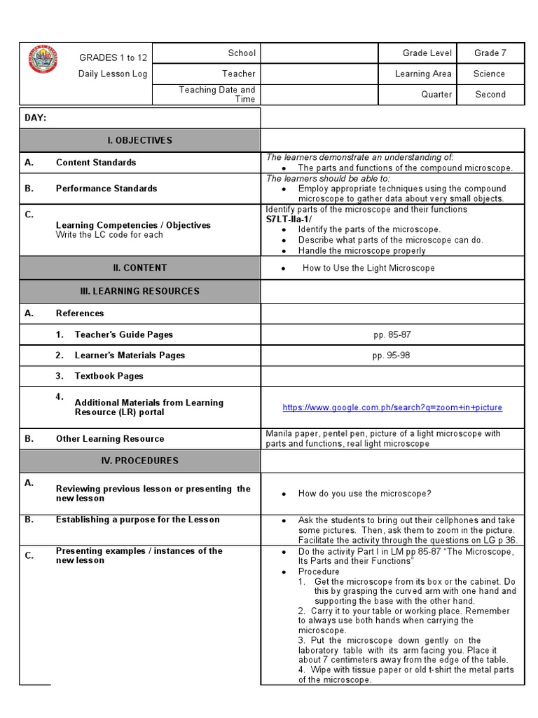 Grade 7 Science: Microscope Lesson Plan | PDF | Learning | Cognition
