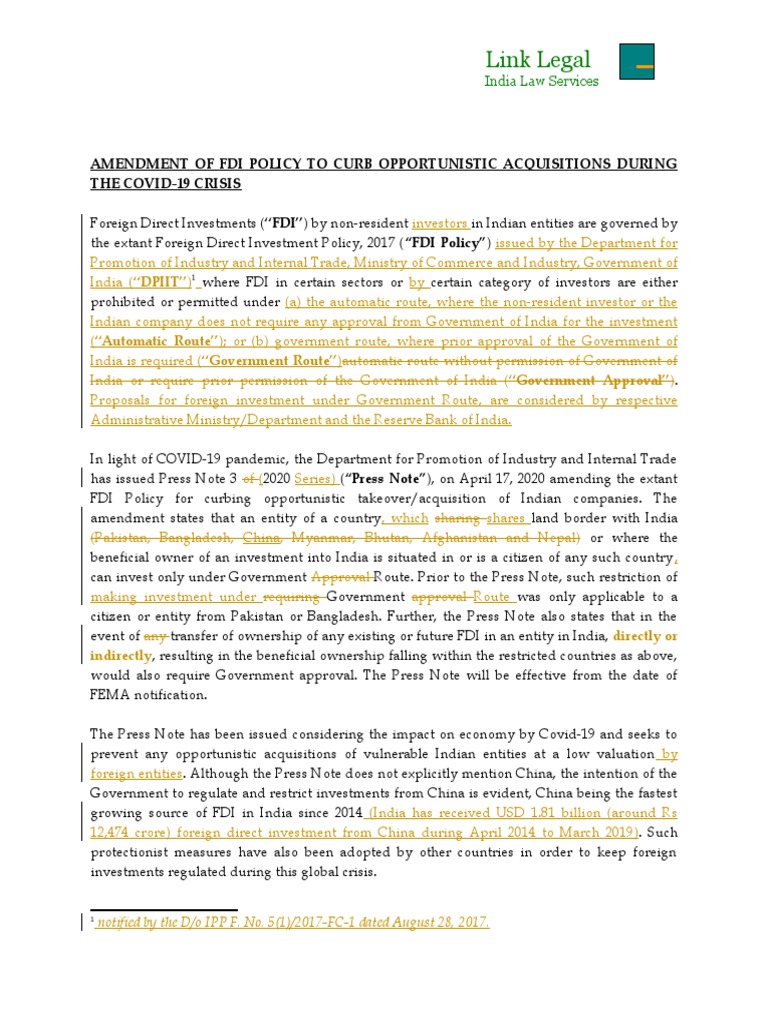FDI Policy Amendment: Press Note 3 (2020) | PDF | Foreign Direct ...