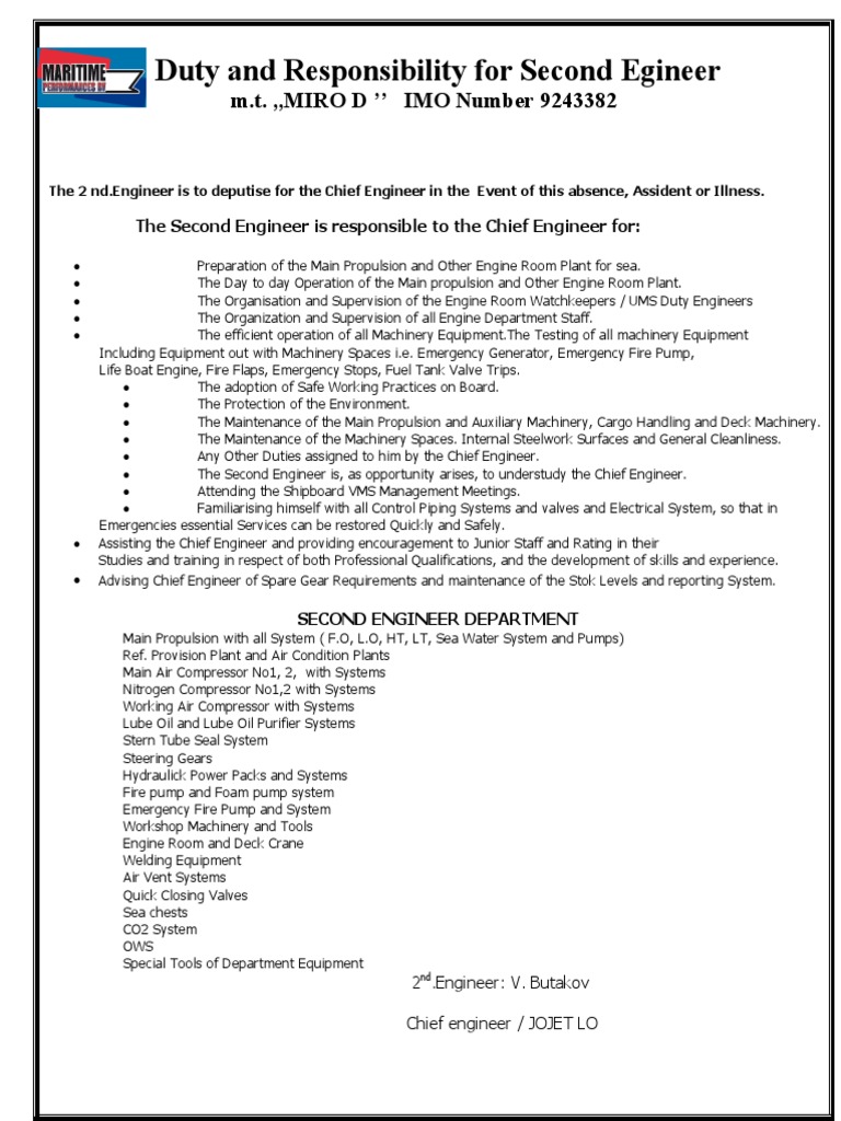 Second Engineer Duties on Ship | PDF | Pump | Engines