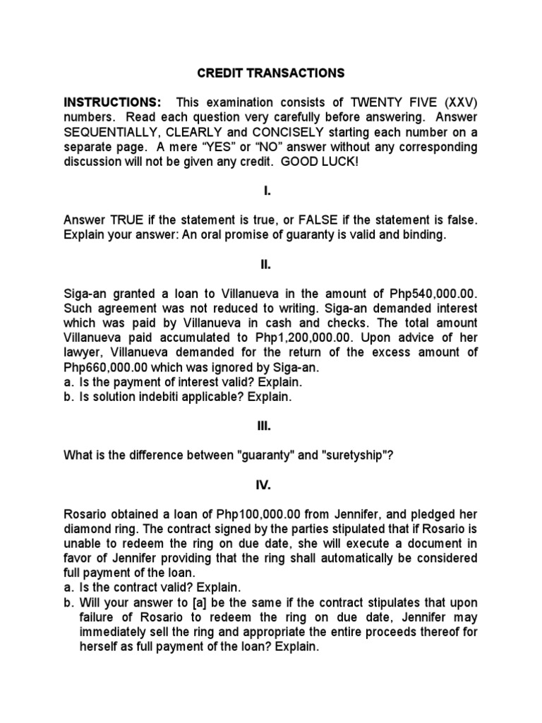 Credit Transactions Exam Guide | PDF | Interest | Guarantee