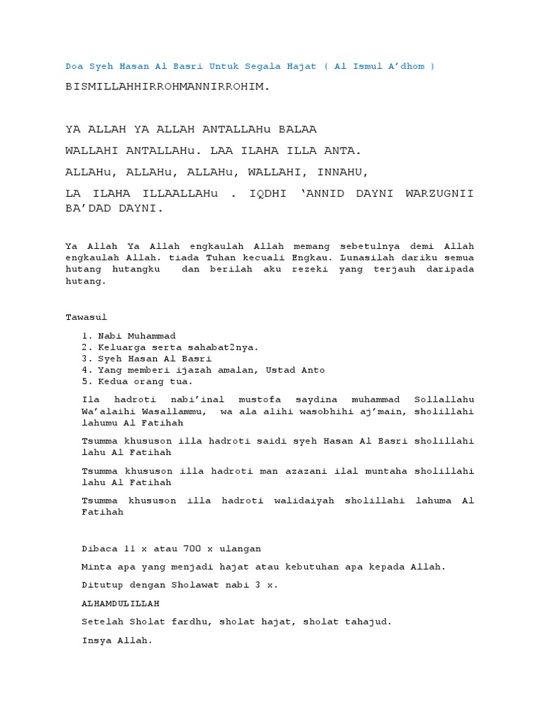 Doa Syeh Hasan Al Basri Untuk Segala Hajat Docx