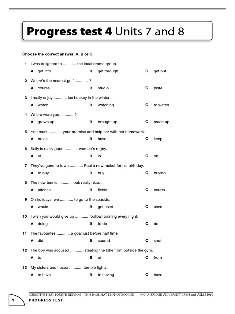 Progress Test 4 Units 7 and 8 | PDF | Sports | Leisure