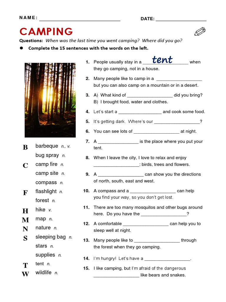 Camping: Complete The 15 Sentences With The Words On The Left | PDF ...