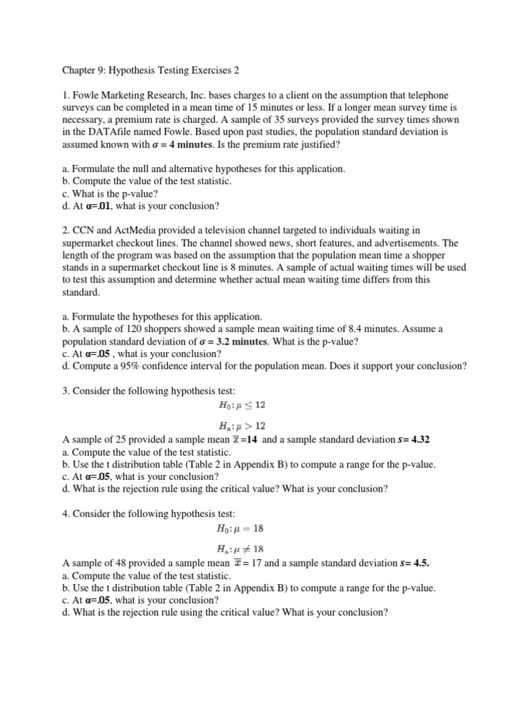 Chapter 9 Hypothesis Testing Exercises 2 PDF P Value Statistical