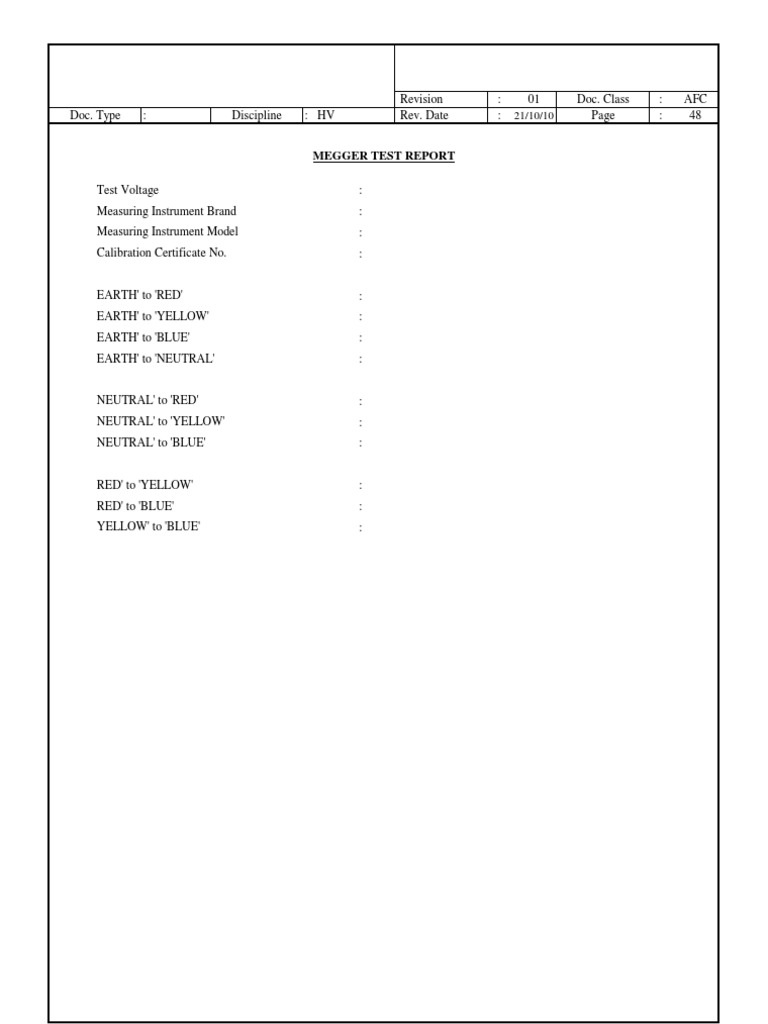 Megger Test Report Form PDF Electricity Equipment