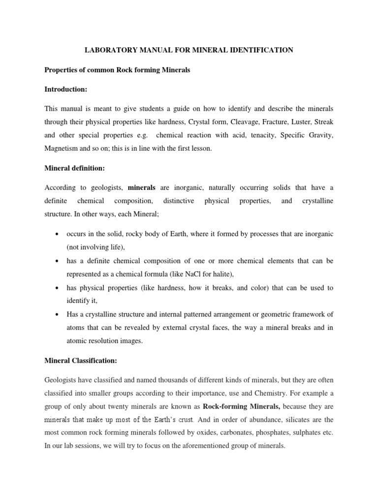 Mineral Identification Laboratory Manual | PDF | Minerals | Crystal