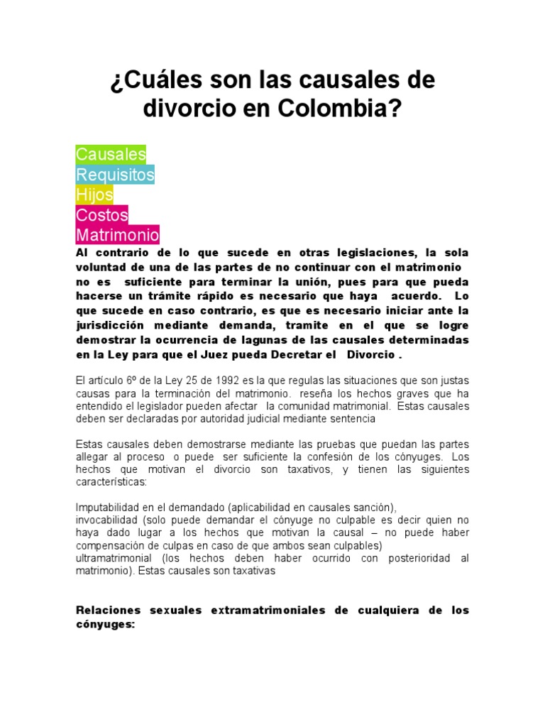 Cuáles Son Las Causales de Divorcio en Colombia PDF Divorcio La