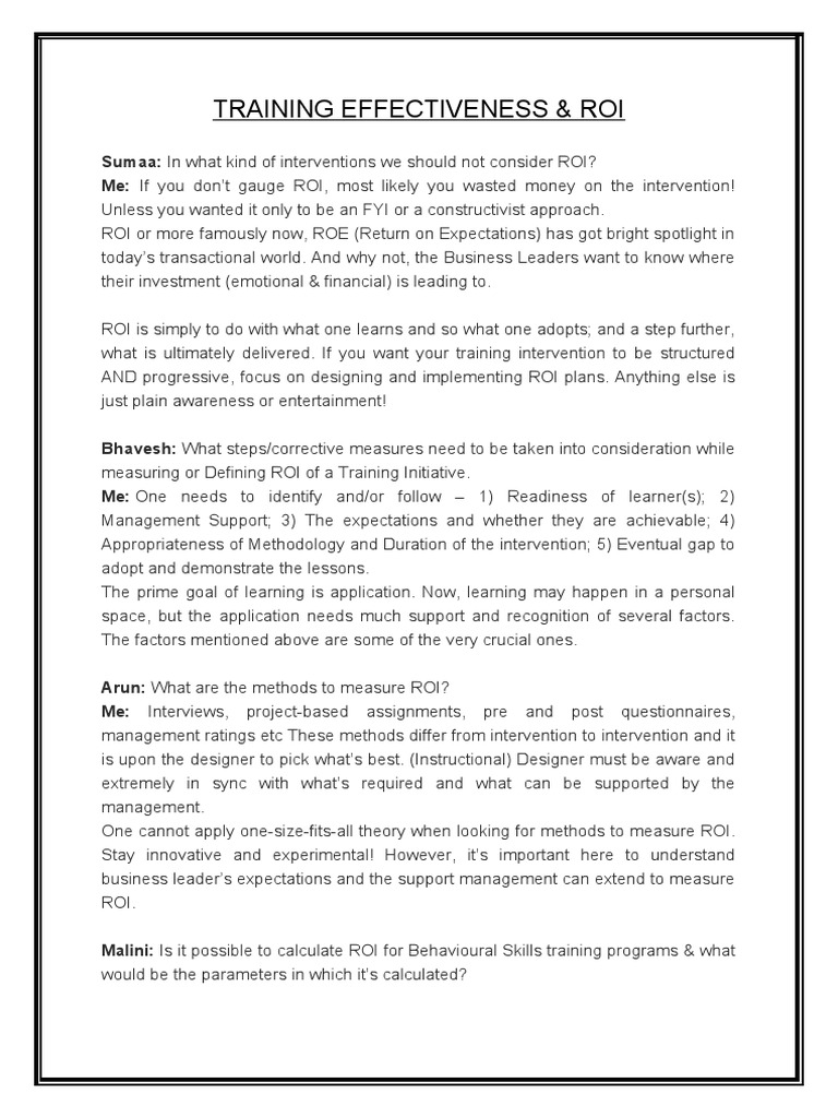 Training Effectiveness, ROI | PDF | Return On Investment ...