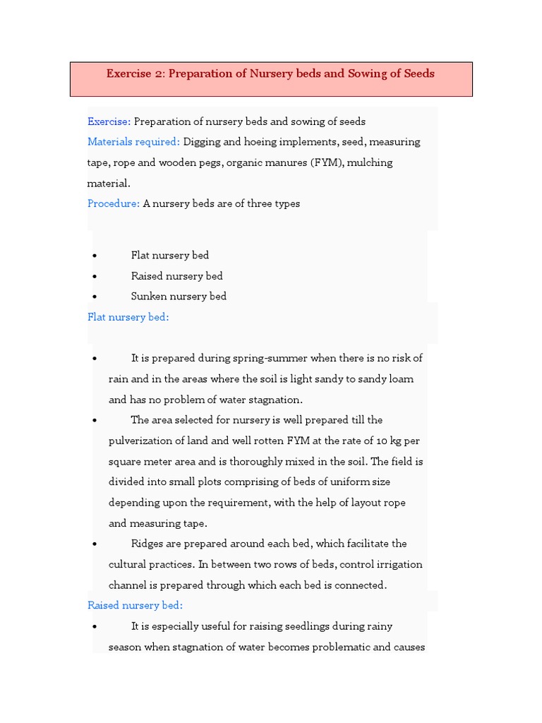 Exercise 2 Preparation of Nursery Beds and Sowing of Seeds PDF