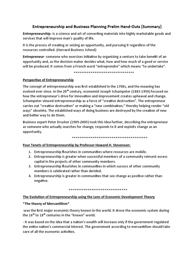 Entrepreneurship and Business Planning Prelim HandOuts (Summary) PDF