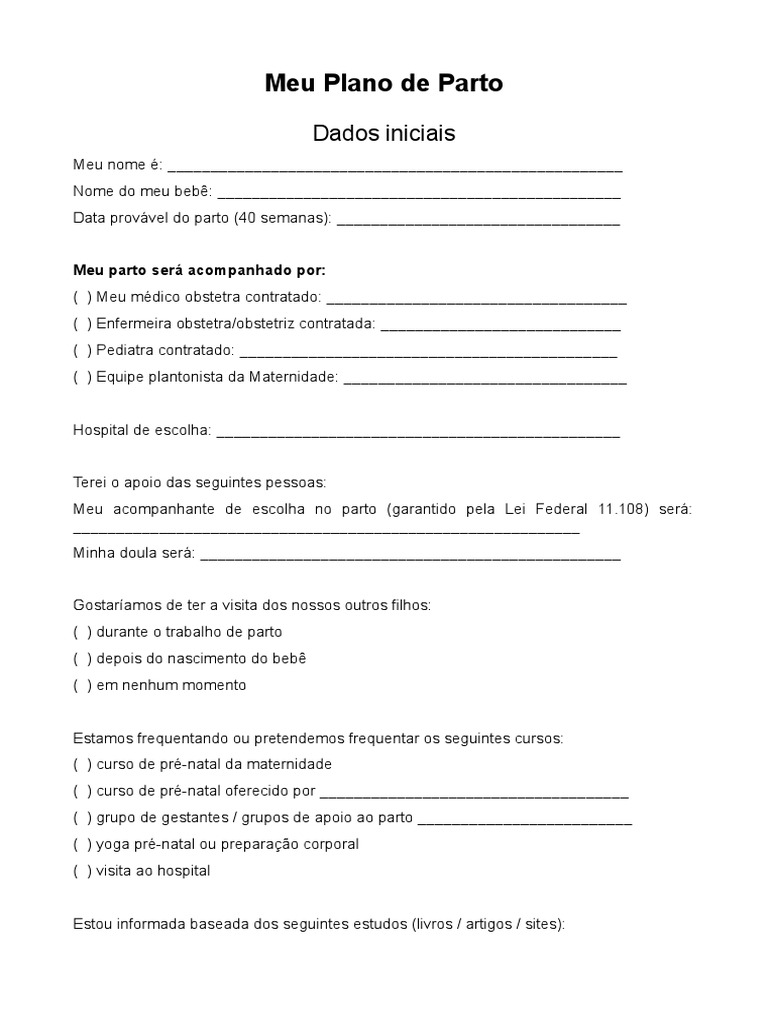 Modelo de Plano de Parto | PDF | Parto | Amamentação