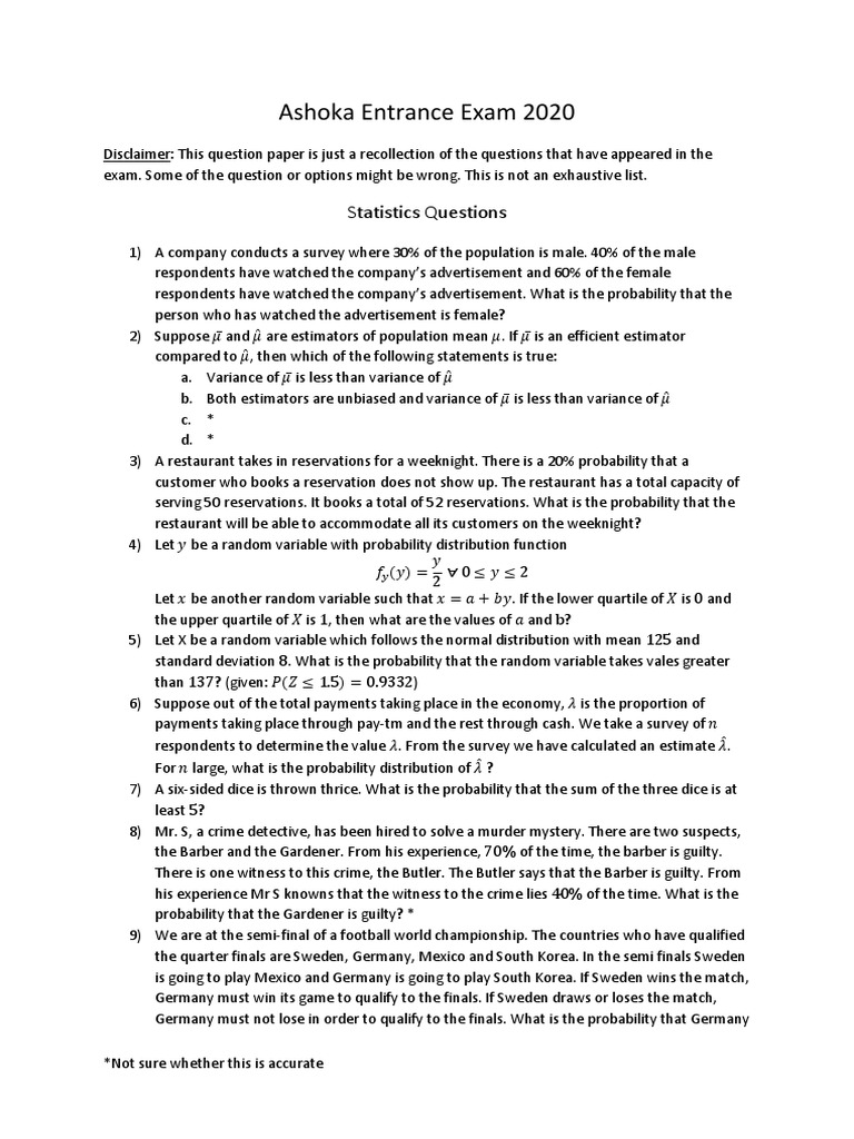 Ashoka Entrance Exam 2020 PDF Estimator Convex Set