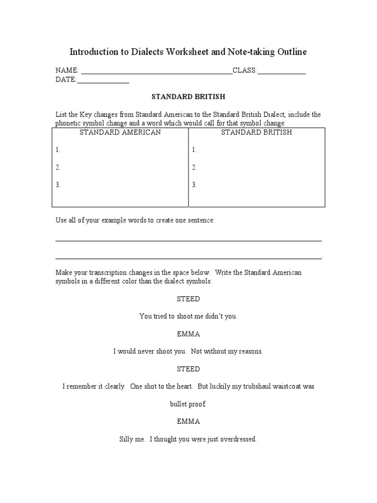 Introduction To Dialects Worksheet and NoteTaking Outline Standard