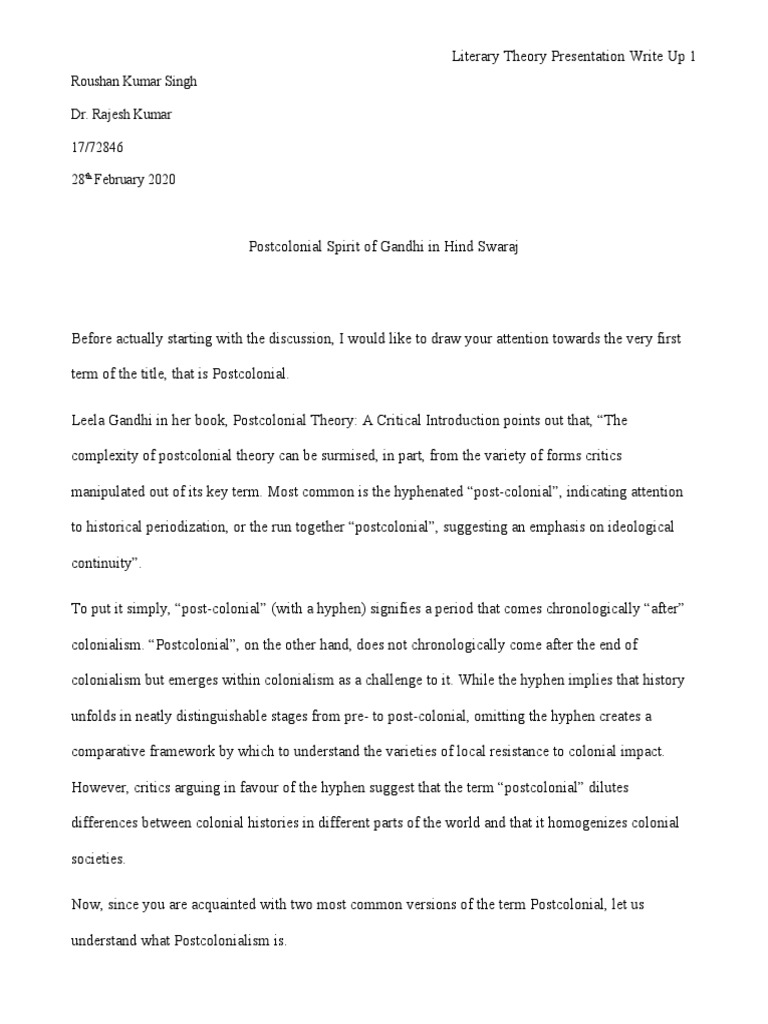 Gandhi's Hind Swaraj As Postcolonial Text (Literary Theory Presentation ...