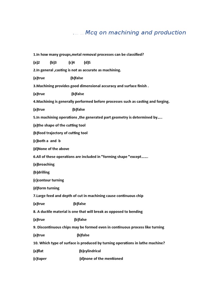 Machining Technology MCQ | PDF | Machining | Crafts