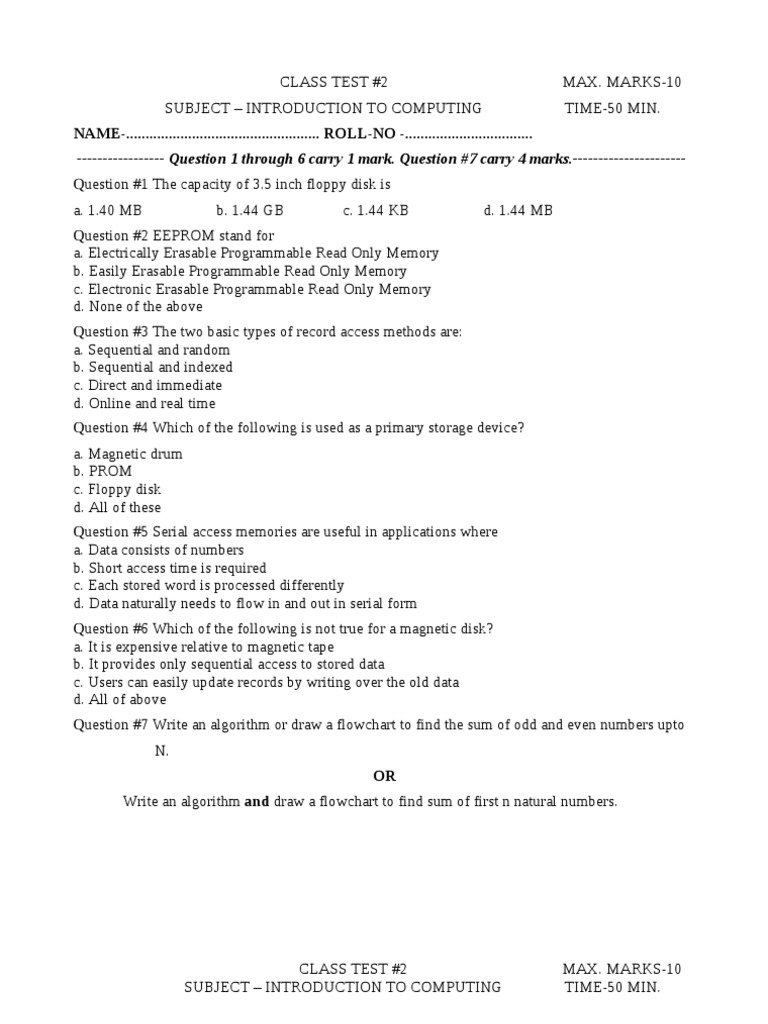 Class Test 2 on Introduction to Computing Sample Questions PDF