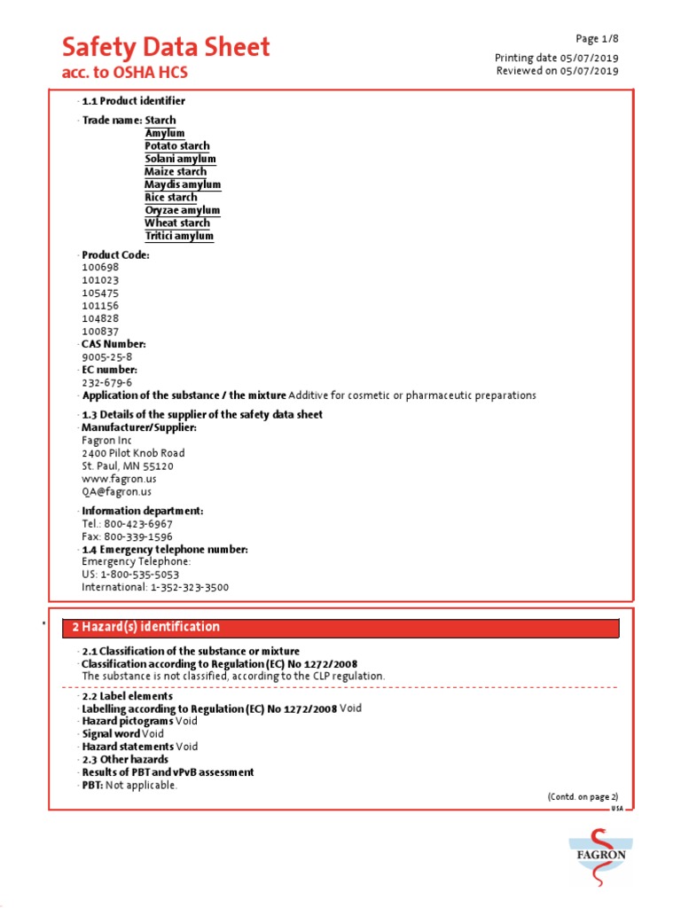 Safety Data Sheet: Acc. To OSHA HCS | PDF | Dangerous Goods | Starch