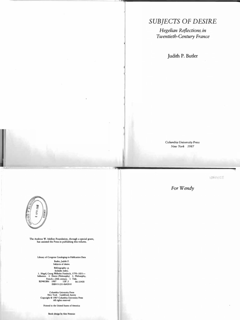 Judith P Butler Subjects Of Desire Hegelian Reflections In Twentieth Century France 1987 Georg Wilhelm Friedrich Hegel Metaphysics