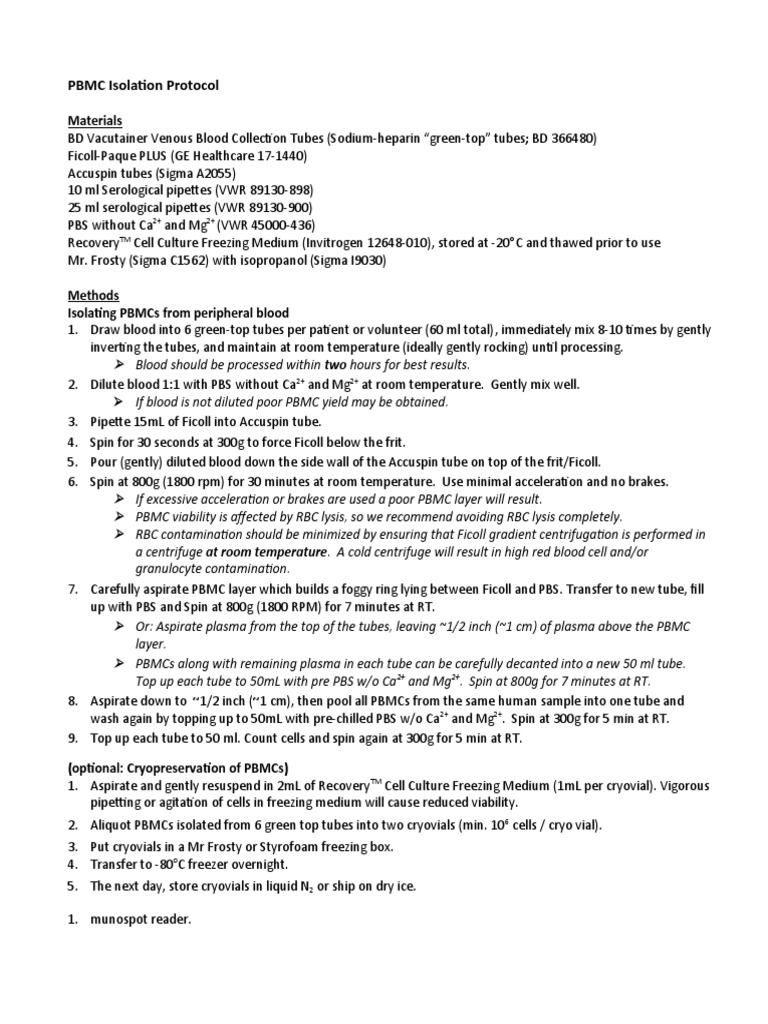 PBMC Isolation Protocol Overview | PDF | Blood | Chemistry