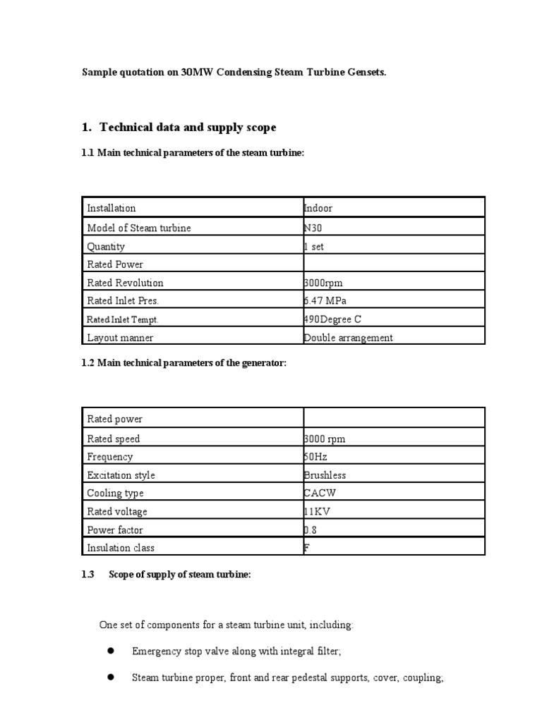30MW Condensing Steam Turbine Quotation | PDF | Steam | Electric Generator