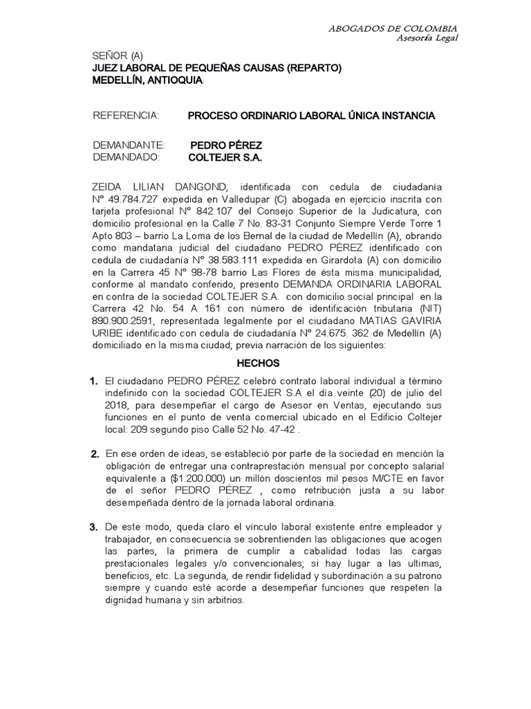 Demanda laboral despido sin justa causa Coltejer Debido