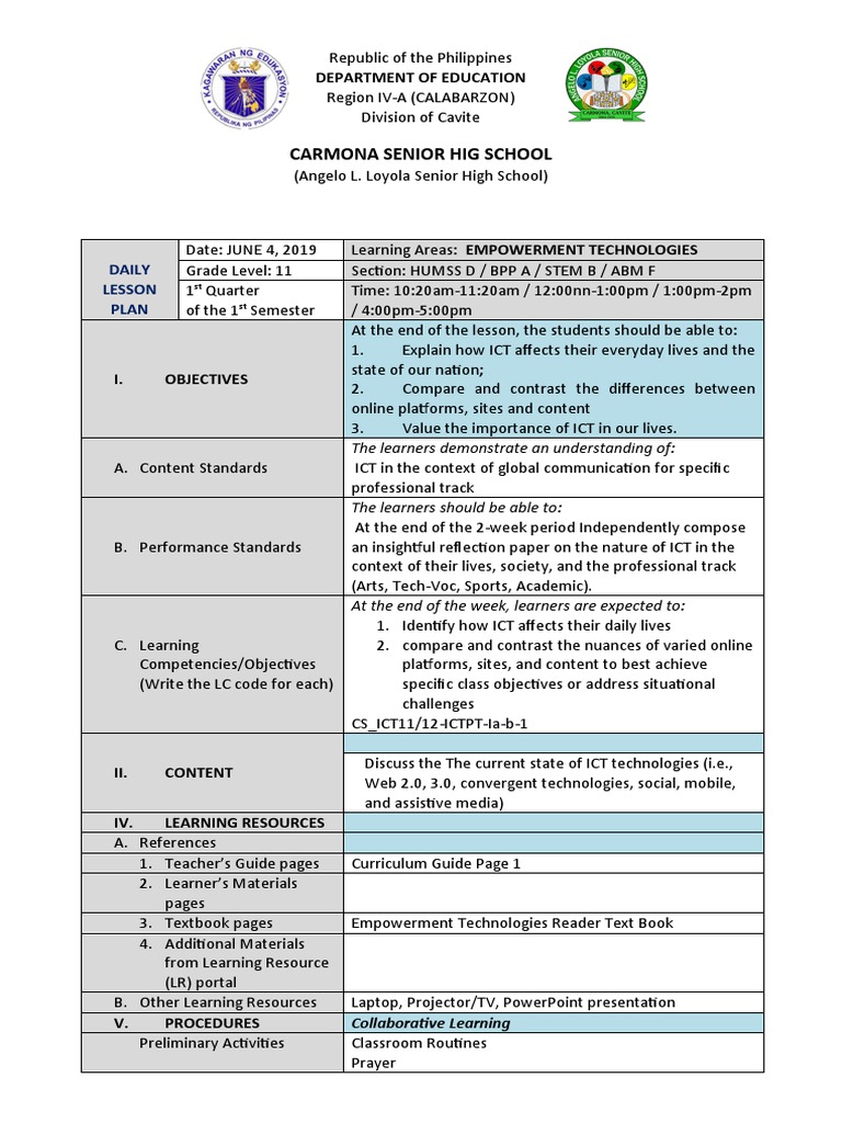 Daily Lesson Plan: Empowerment Tech 11 | PDF | Educational Technology ...