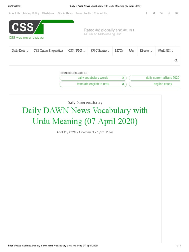 Daily DAWN News Vocabulary With Urdu Meaning (07 April 2020) | PDF