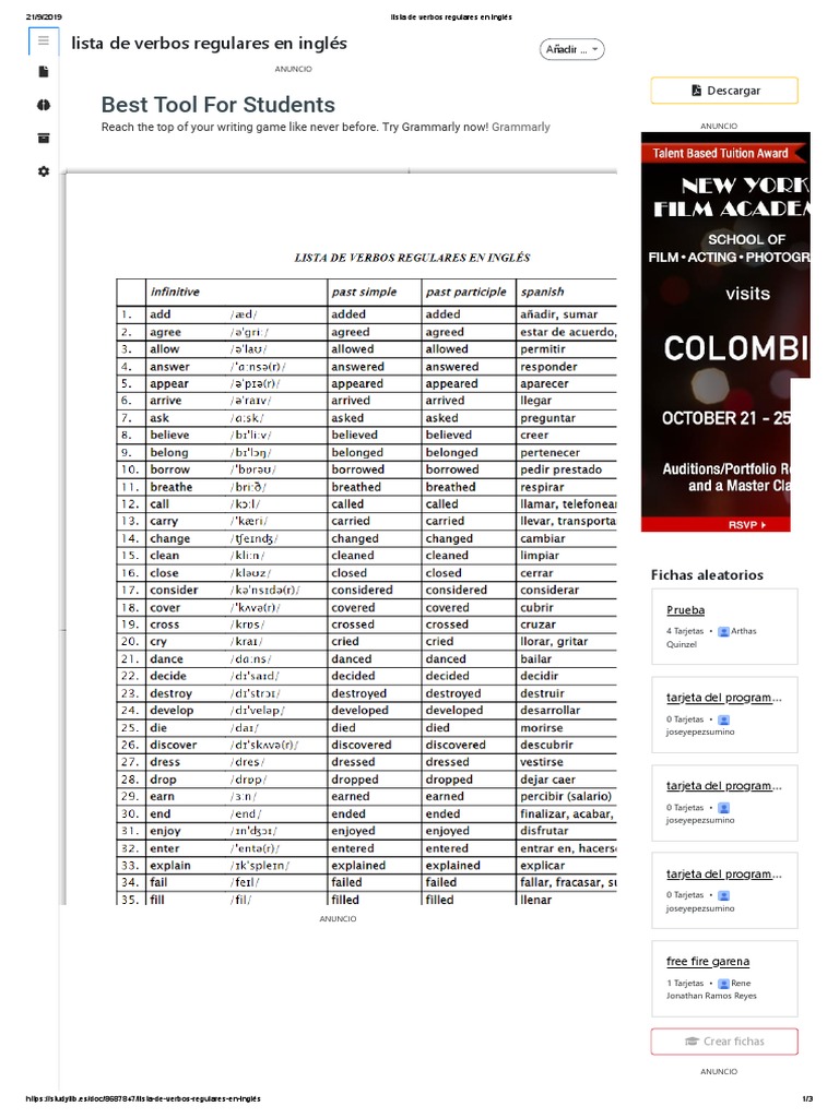 Lista de Verbos Regulares en Inglés PDF | PDF | Morfología Lingüística ...