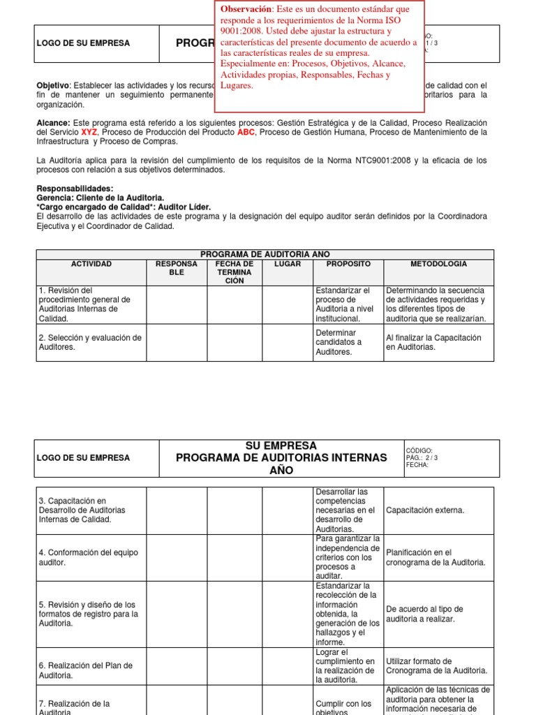 Programa de Auditorías Internas 2023 | PDF | Auditoría | Calidad ...