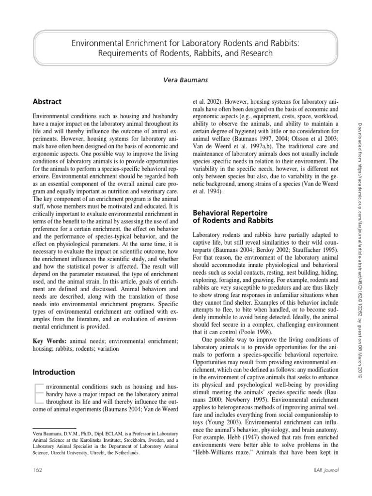 Baumans. Environmetal Enrichment For Laboratory Rodents and Rabbits, Requirements of Rodents