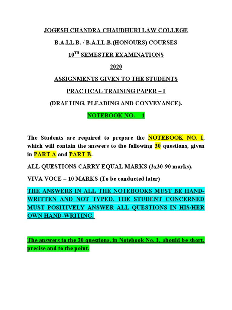10th Semester Examinations Practical Training Paper I Assignments on