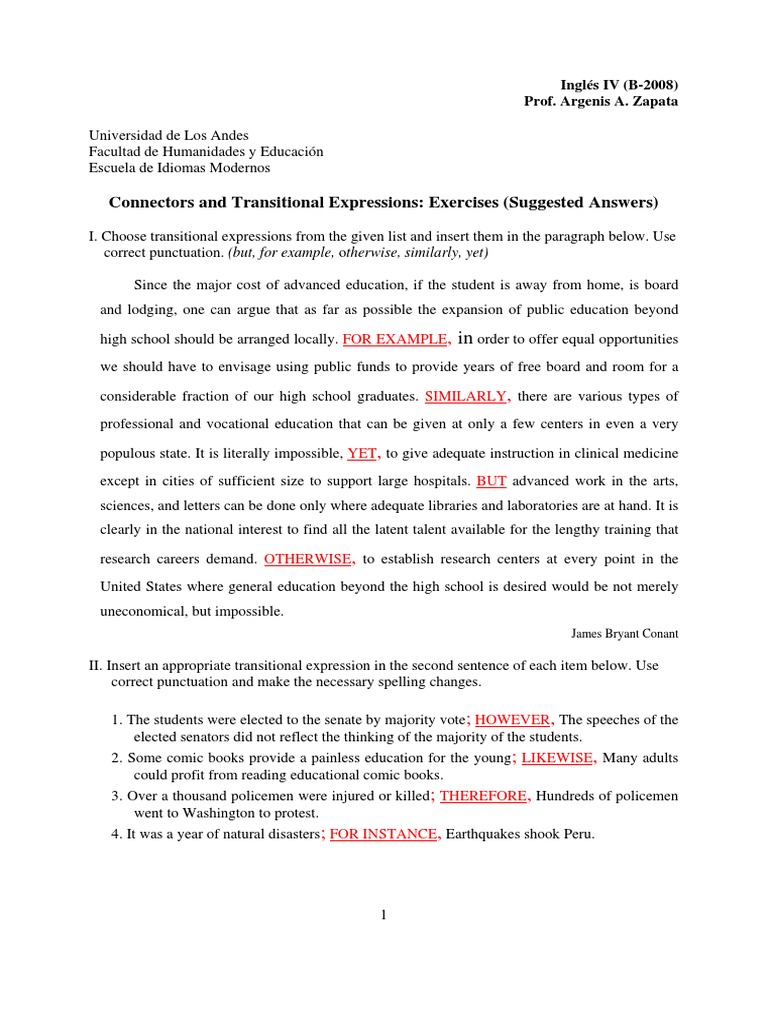 Connectors and Transitional Expressions Exercises (Suggested Answers) PDF