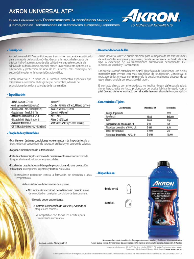 Akron Universal ATF MERCON V | PDF | Transmisión automática | Vehículo ...