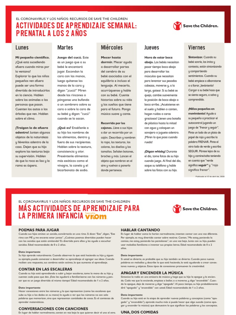 4.17.20 Actividades de Aprendizaje Semanales - Primera Infancia | PDF ...