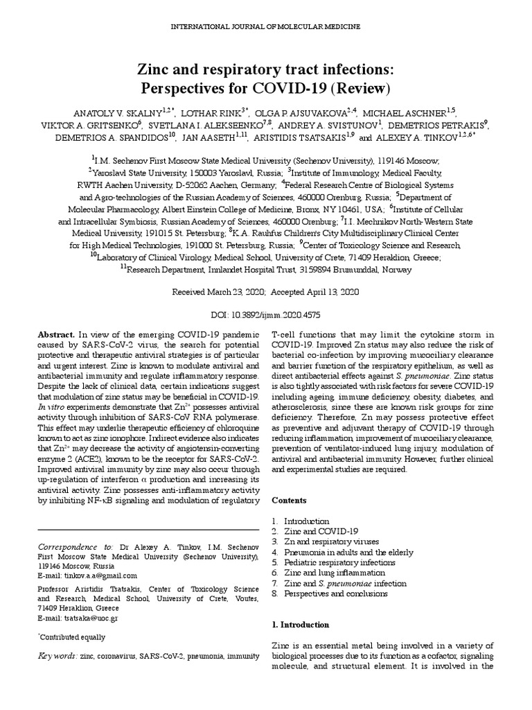 Zinc and Respiratory Tract Infections Perspectives For COVID 19 (Review