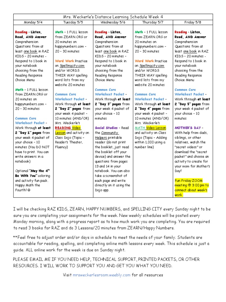 Distance Learning Schedule Week 4 May 4-8 | PDF | Behavior Modification ...