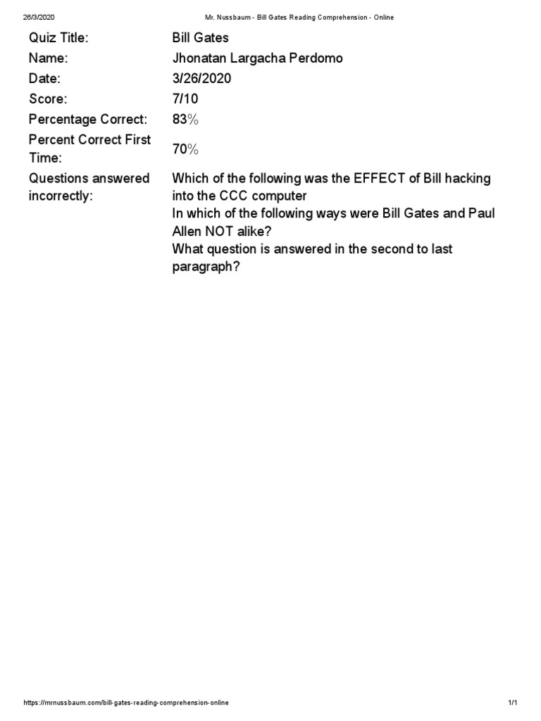 Mr. Nussbaum - Bill Gates Reading Comprehension - Online | PDF ...