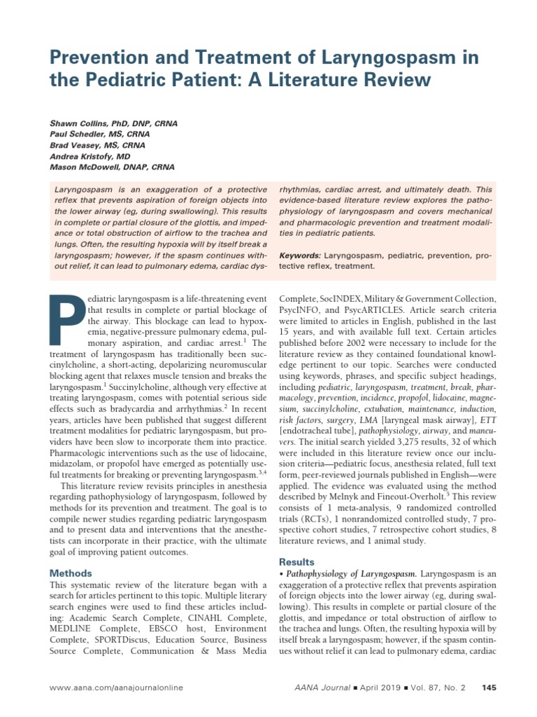 Prevention and Treatment of Laryngospasm in The Pediatric Patient A