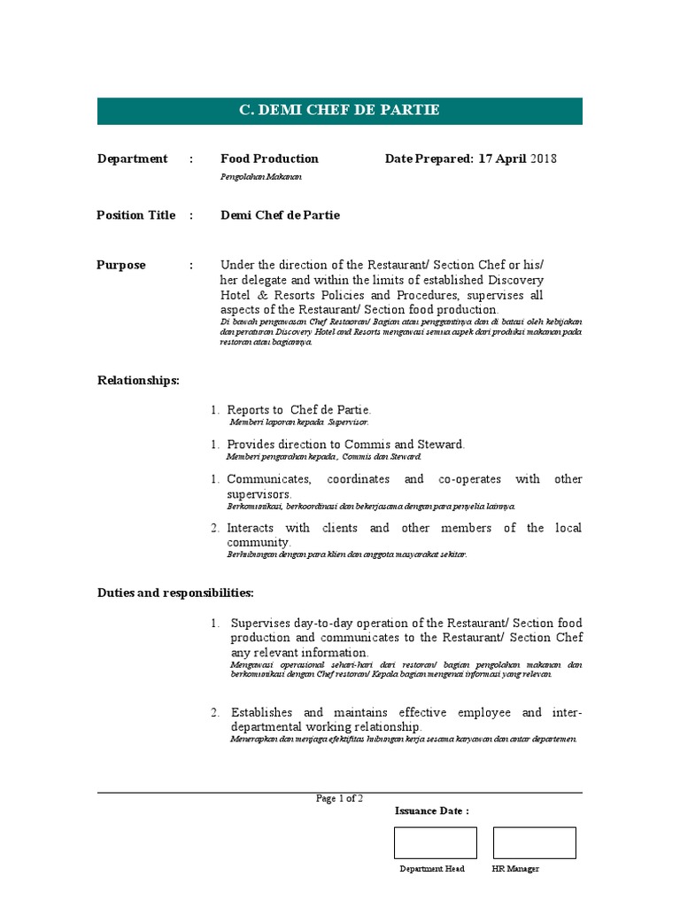 Tugas Demi Chef de Partie di Restoran | PDF | Karier & Perkembangan ...