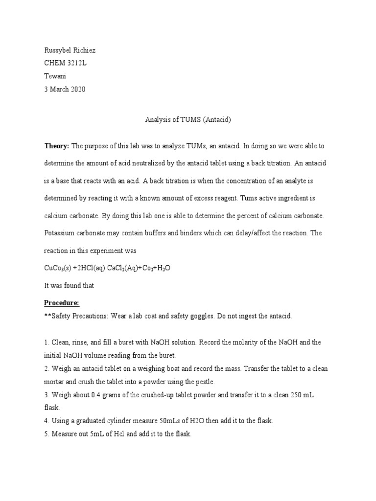 Tums Lab Report Download Free PDF Titration Chemistry