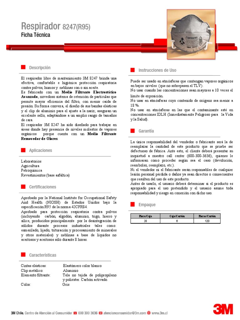 Ficha Técnica Respirador 3M 8247 R95 | PDF | Aluminio | Química